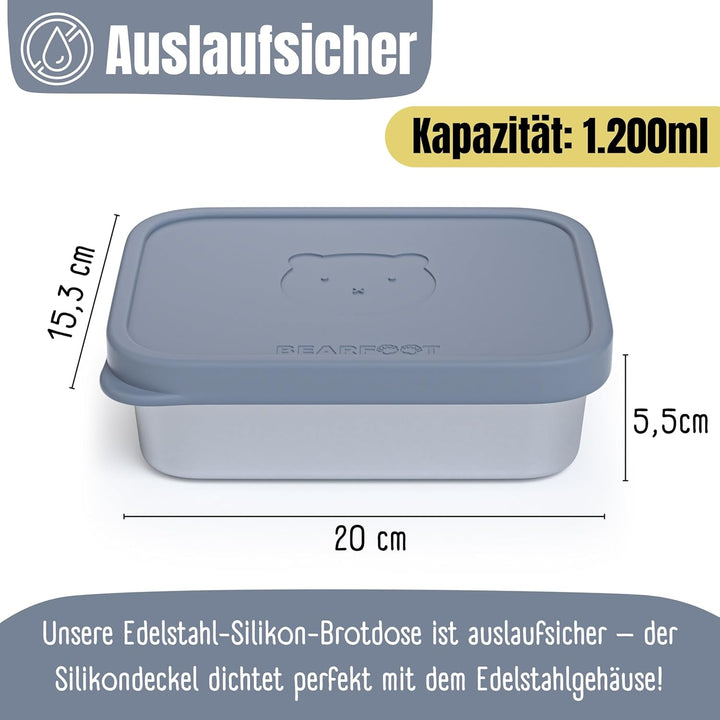 BEARFOOT Edelstahl Brotdose Kinder mit Silikondeckel (Blau, 1.200 ml) | BPA-frei, auslaufsicher, Bro