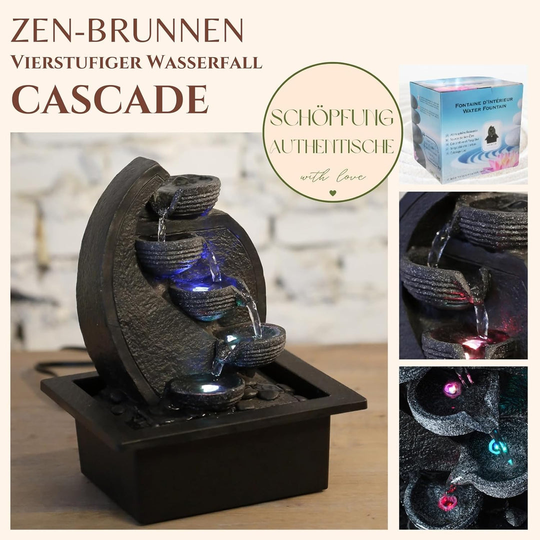 Zen'Light - Zimmerbrunnen Wasserfall V2 4 Ebenen in Natursteinoptik mit farbigem LED-Licht - Moderne