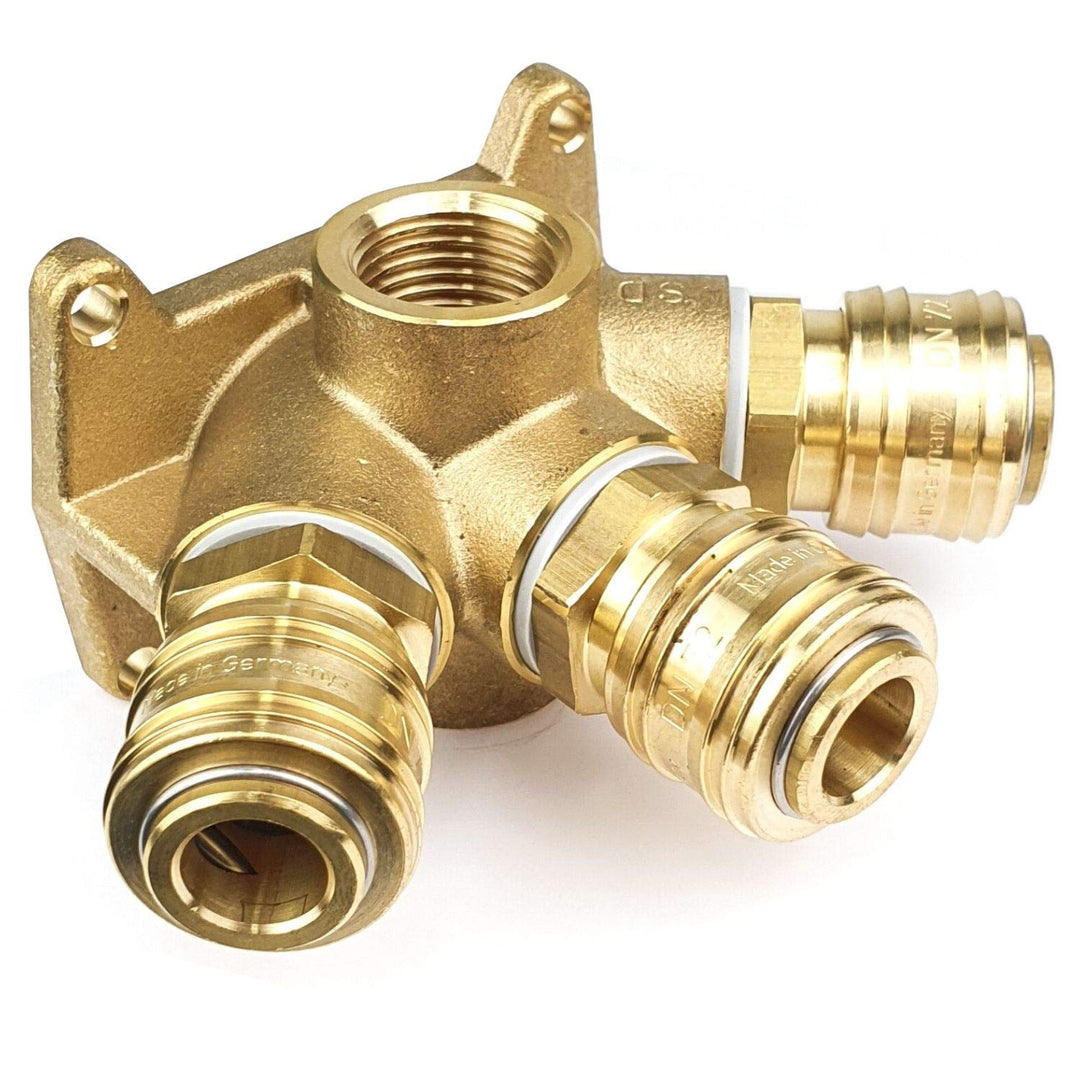 Druckluftverteiler Wanddose Druckluftweiche aus Messing mit 2 x 1/2" Eingangsgewinde und 3 x Kupplun