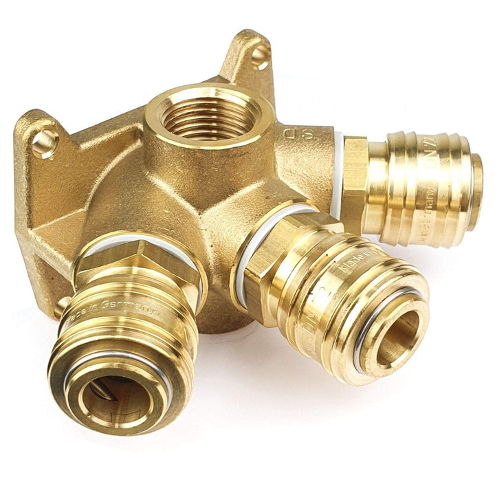 Druckluftverteiler Wanddose Druckluftweiche aus Messing mit 2 x 1/2" Eingangsgewinde und 3 x Kupplun