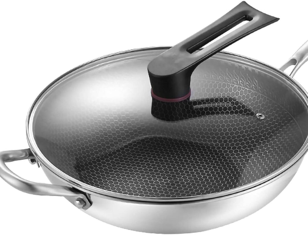 Wok, Wok-Pfanne mit Geschnitzter Mikrogravur, 3-lagiger Doppelseitiger Waben-Edelstahl-Wok für die K