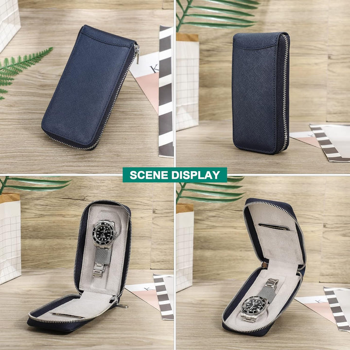 Hiram Uhrengehäuse Saffiano Leder Uhrenaufbewahrungsbox für 1 Uhr, Tragbar Uhren-Reiseetui für Herre