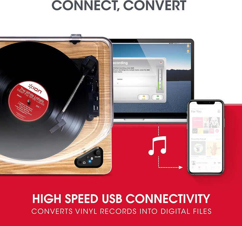 ION Audio Air LP - Vintage USB Bluetooth Plattenspieler mit drei Geschwindigkeitsstufen und Vinyl zu