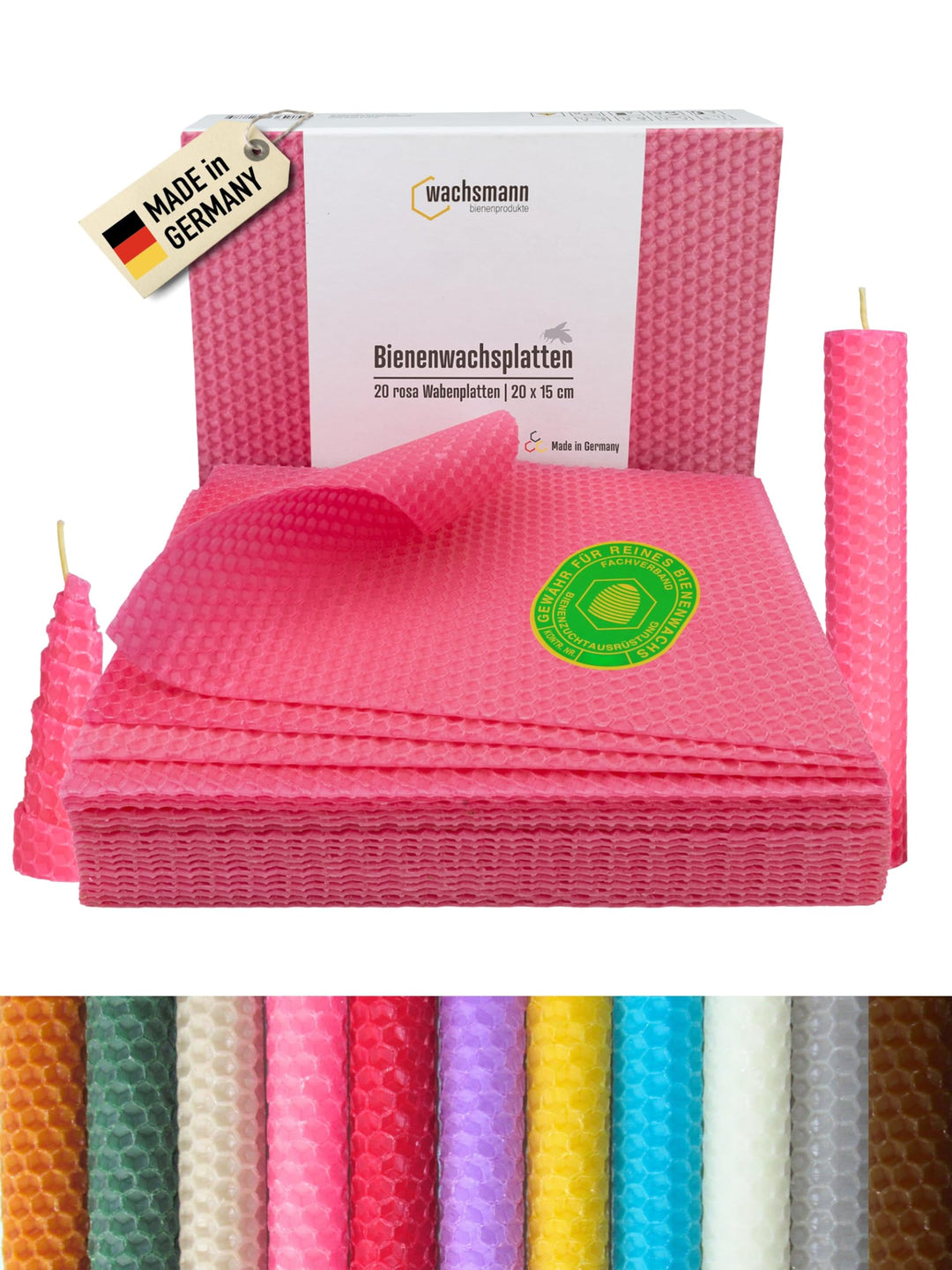 Wachsmann 20 Bienenwachsplatten aus Deutschland, rosa, Wachsplatten 20 x 15 cm, Bienenwachs Kerzen s