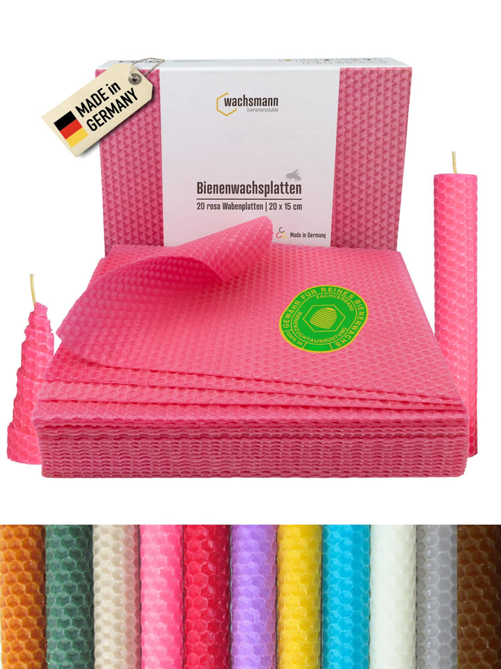 Wachsmann 20 Bienenwachsplatten aus Deutschland, rosa, Wachsplatten 20 x 15 cm, Bienenwachs Kerzen s