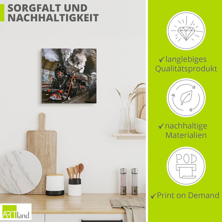 ARTLAND Wanduhr ohne Tickgeräusche Leinwand Quarzuhr 30x30 cm Quadratisch Lautlos Lokomotive Eisenba
