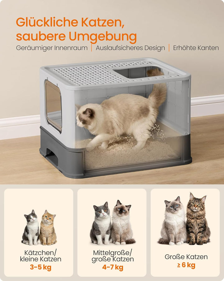 Feandrea Katzenklo Edelstahl, Katzentoilette, mit Deckel, ausziehbares Tablett, Schaufel, Bürste, fü