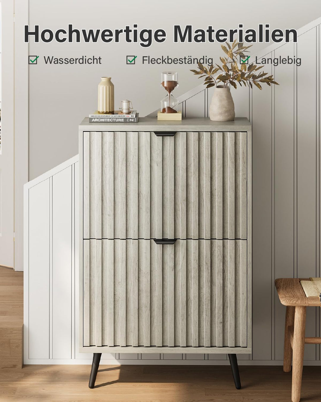 Smart FENDEE Schuhschrank schmal 2 Klappen, 24cm Tiefe in Hellgrau Holzoptik, 4 verstellbare Fächer,
