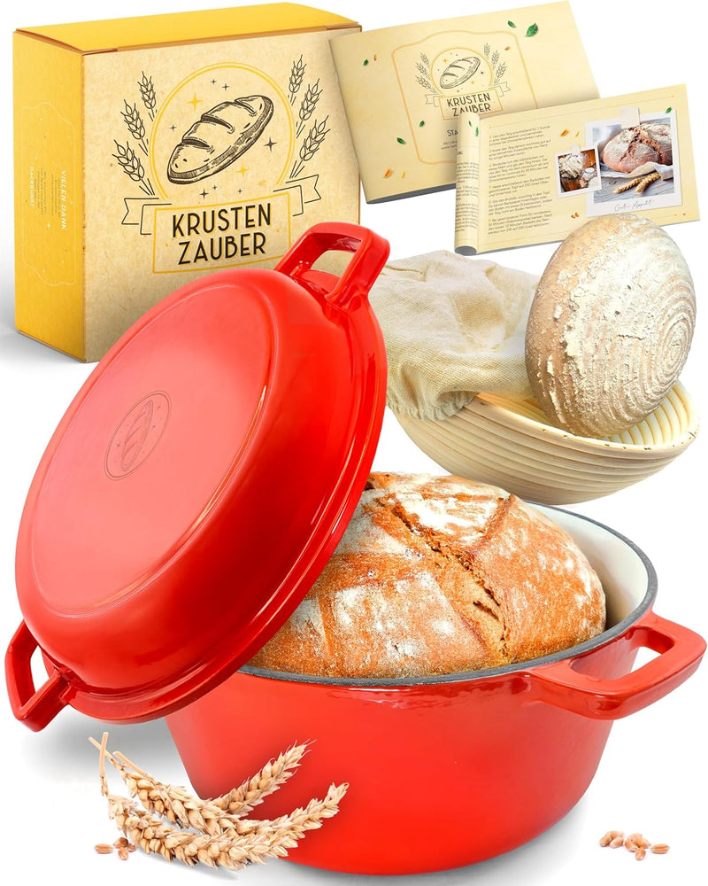 KRUSTENZAUBER Gusseisen Topf Brot Backen [inkl. Gärkorb] - Hochwertiger Emaille Topf 26cm - Idealer