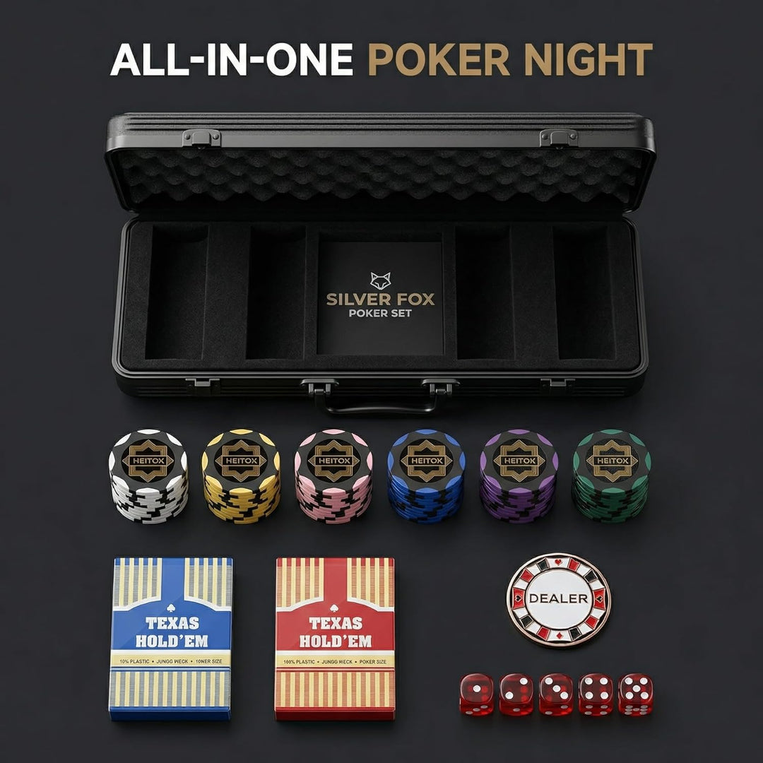 Pokerkoffer 500 Stück, Premium Poker Set im extrem stabilen Polycarbonat-Koffer (Kein Alu) – 14g Cla