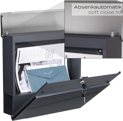 Briefkasten Anthrazit V58 mit Zeitungsfach und Soft Close Deckel abschliessbarer Wandbriefkasten