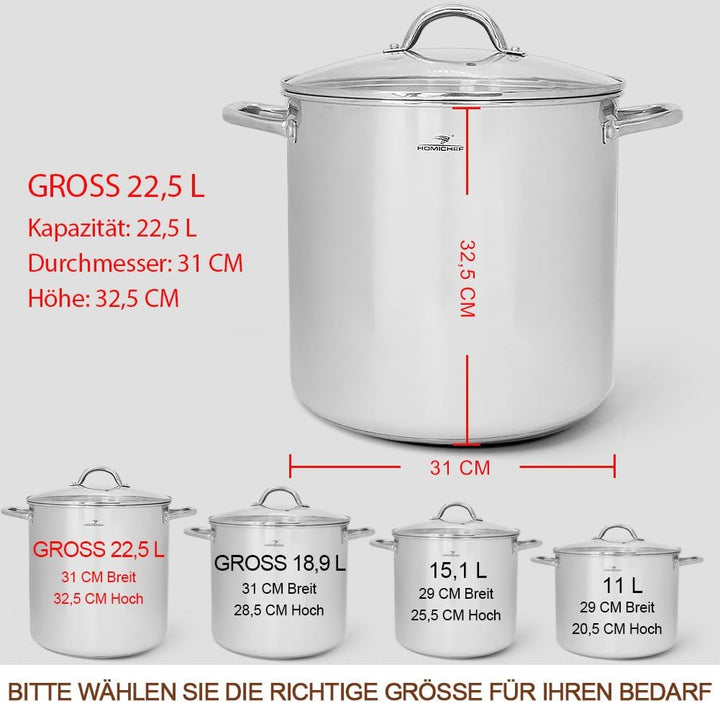 HOMICHEF Grosser Suppentopf aus nickelfreiem Edelstahl (31 cm, 22,5 Liter) – Hochglanzpolierter Supp