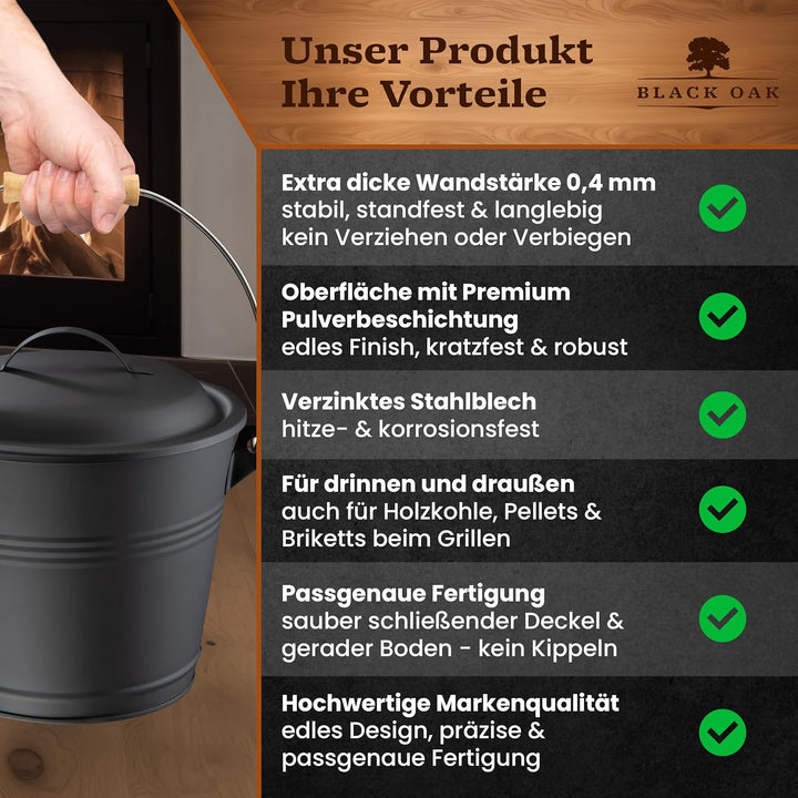 BLACK OAK Ascheeimer PITON 5L - schwarz mit Deckel mit Holz-Griff + Feger + Schaufel & Handschuhen -