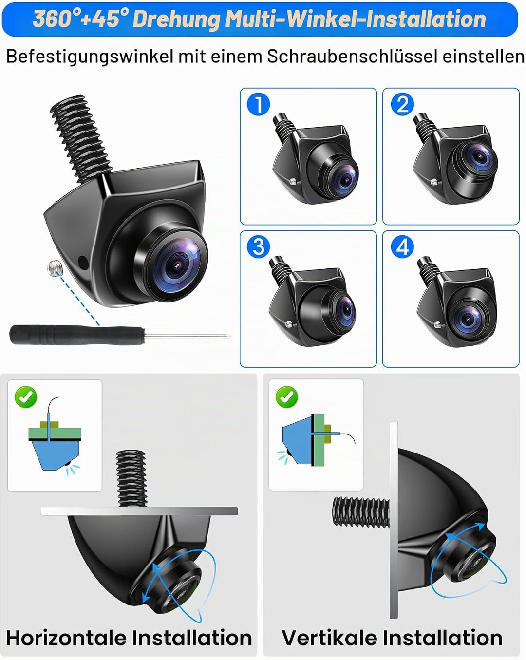 Rückfahrkamera AHD 1080P/AHD 720P/CVBS/PAL Rückfahrkamera Auto, 360° Drehbar Auto Rückfahr.kameras U