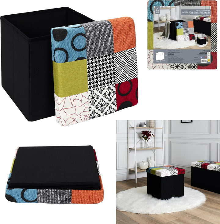 Home Deco Factory HD6506 Hocker mit Aufbewahrungsbox, zusammenlegbar, Patchwork-Design, zum Sitzen,