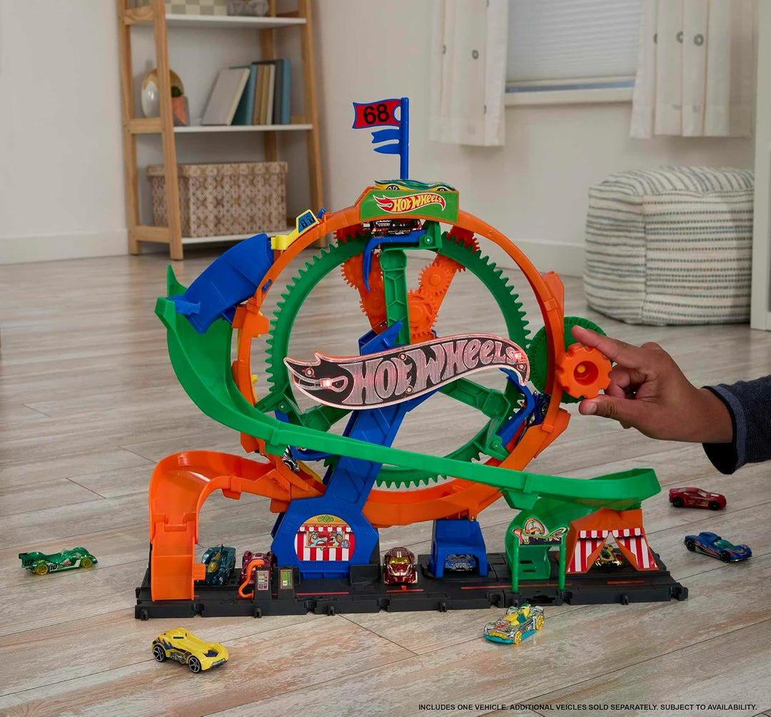 Hot Wheels City Trackset mit 1 Hot Wheels Auto, vom Kind aktiviertes Riesenrad mit Kirmeslichtern un