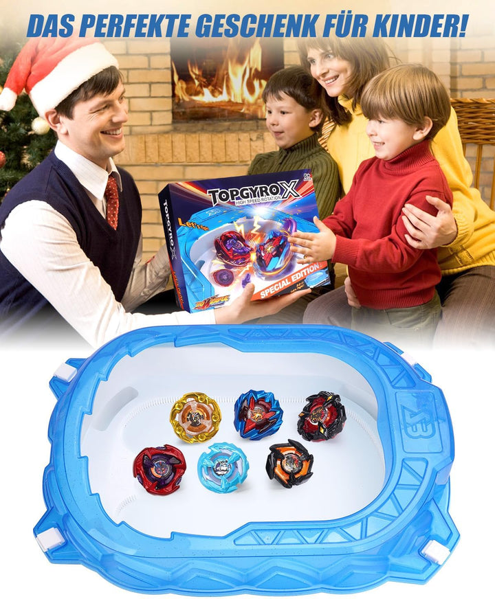X-Arena Starter-Set – 6 Battle-Tops mit 2 Startern, Beschleunigungsbahn & Schutzdach, Geschenk für J
