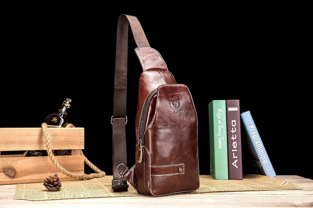BULLCAPTAIN Herren Tasche Leder Sling Bag Schulter Rucksack Schultertasche Brusttasche Wasserresiste