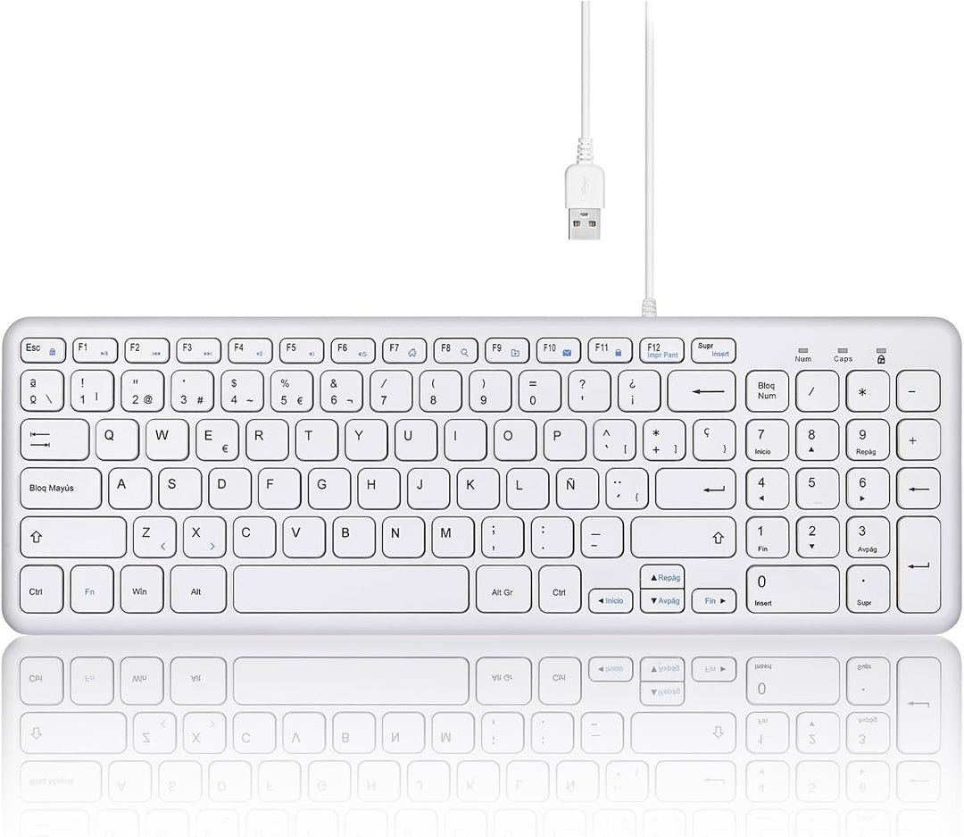 Perixx PERIBOARD-213 W USB-Tastatur mit Kabel – kompaktes Design mit Nummerntastatur – Weiss – Spani