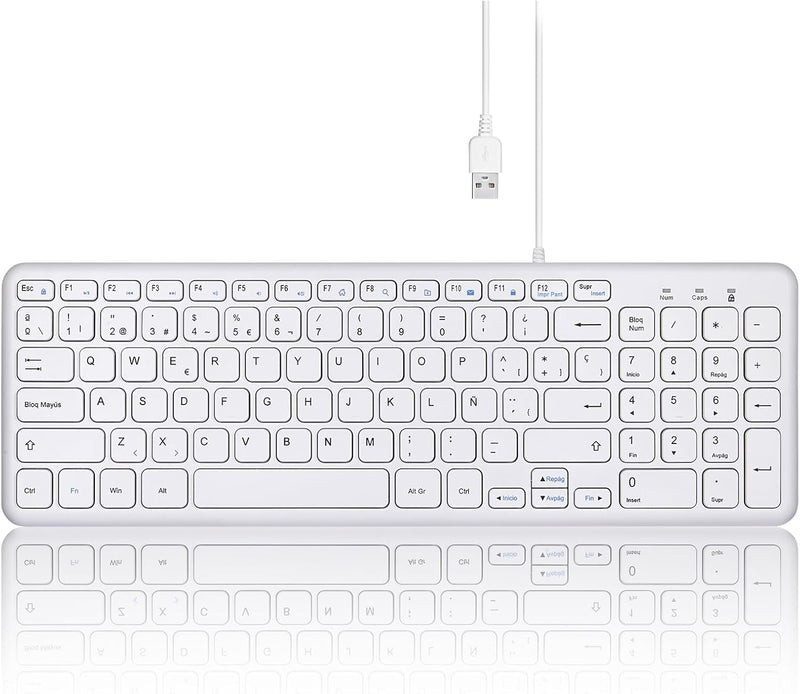 Perixx PERIBOARD-213 W USB-Tastatur mit Kabel – kompaktes Design mit Nummerntastatur – Weiss – Spani