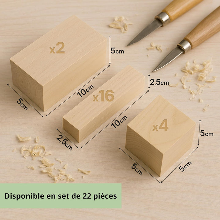 Lindenholz zum Schnitzen - 22 Stück Schnitzholz Rohlinge Set für Anfänger & Kinder - Weiche Holzblöc