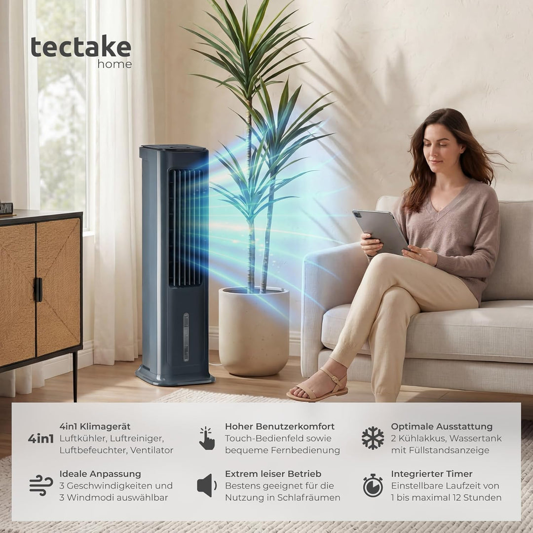 tectake® Luftkühler, 4in1, extrem leise, energiesparend, mit 5 l Wassertank, Touch-Display, 3 Modi,