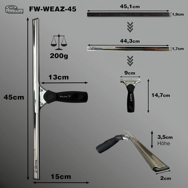FenWi Fensterabzieher in 45cm Breite/Duschabzieher/breiter Abzieher mit Edelstahl-Abziehschiene für