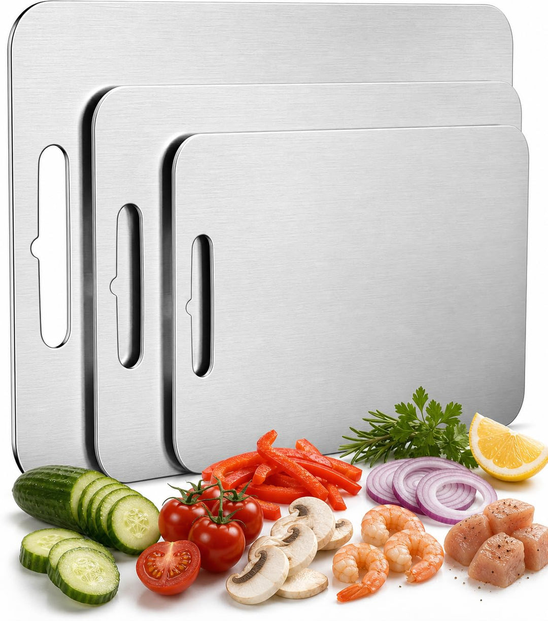 3 Stück Titan Schneidebrett Set, 304 Edelstahl Titanium Cutting Board, Doppelseitiges Lebensmittel G