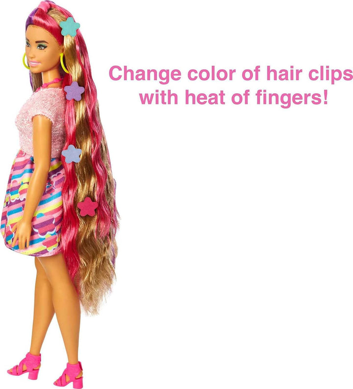 Barbie HCM89 - Totally Hair Puppe (Blond/Bunte Haare) im Blumen Print Kleid mit 15 Zubehör Teilen fü