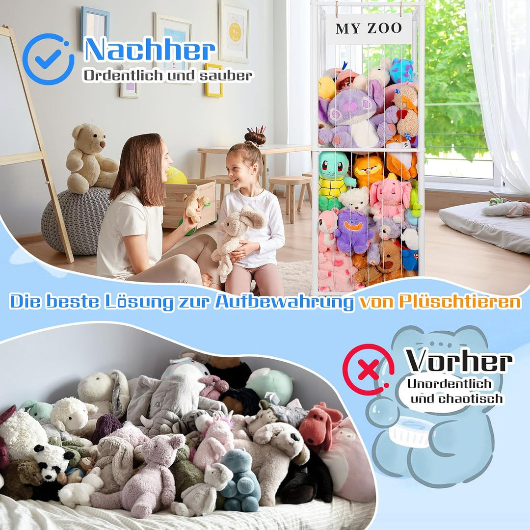 Massivholz Kuscheltier Aufbewahrung mit 360° Rollen &amp; Bremse – inkl. Baumwollnetz, Plüschtier Organi