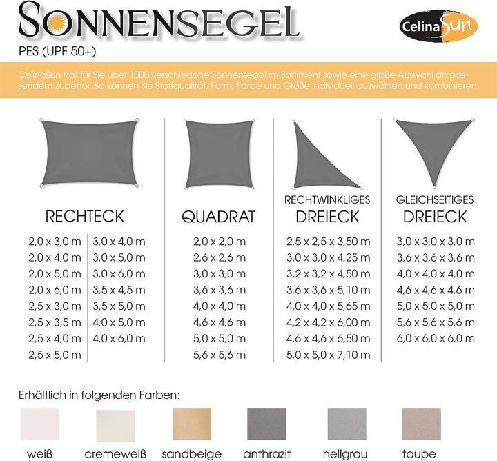 CelinaSun Sonnensegel wasserdicht PES Quadrat 4,6x4,6m weiss UPF 50+ Premium Sonnenschutz inkl Befes