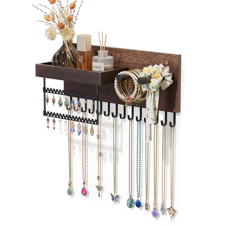Lolalet Hängeschmuck Organizer, Hölzerne Schmuckaufbewahrungsregal mit 15 Haken, Wandmontierte Halsk