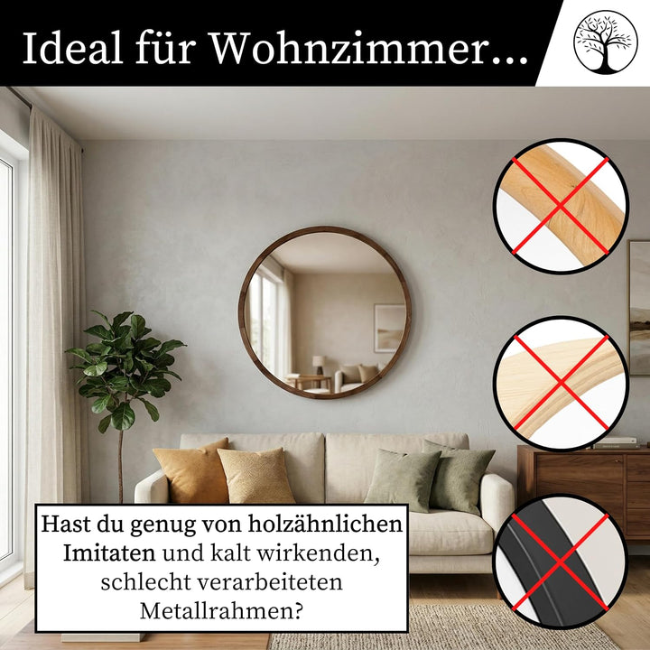 Wandspiegel mit Holzrahmen (∅80 cm) - Spiegel Rund Holz Dunkle Eiche - Runder Bad Spiegel für Badezi