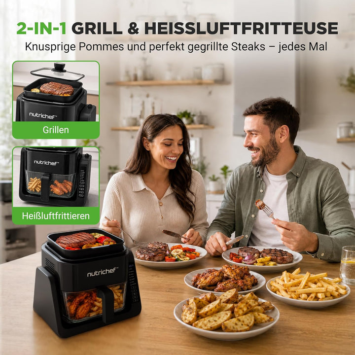 Nutrichef Heissluftfritteuse + Elektrogrill, 4L Airfryer mit Sichtfenster bis 360°C, 7 Programme, An
