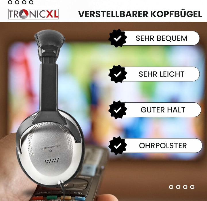 TronicXL Fernsehkopfhörer Kopfbügel Kopfhörer I 6m langes Kabel I Stereo TV Fernseh Headphones Ferns
