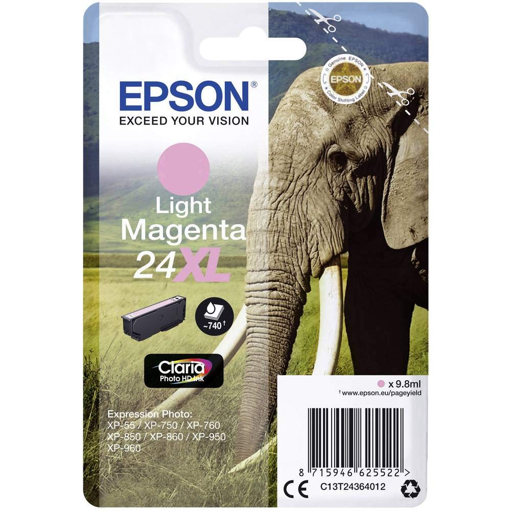 Epson 24XL Light Magenta Elephant High Yield Genuine, Claria Photo HD Ink Cartridge, XL High Capacit