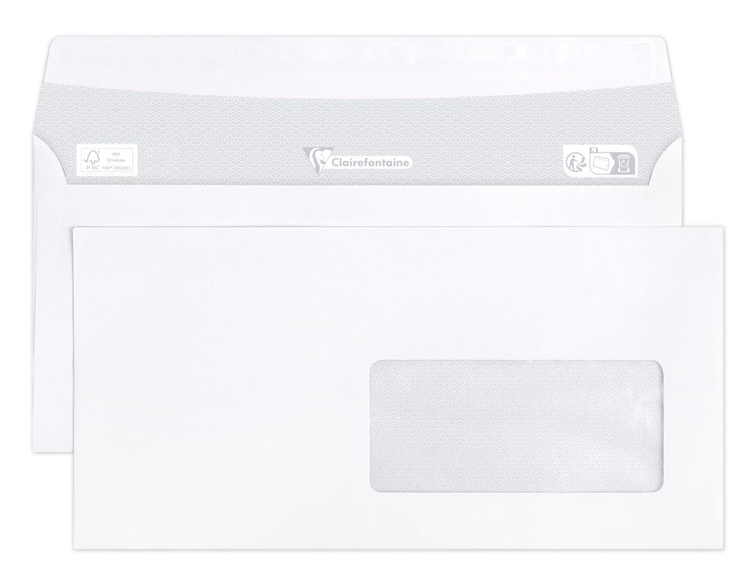 Clairefontaine 10935C - Karton mit 500 Umschlägen DL-110x220mm, selbstklebend, 90g, mit Sichtfenster