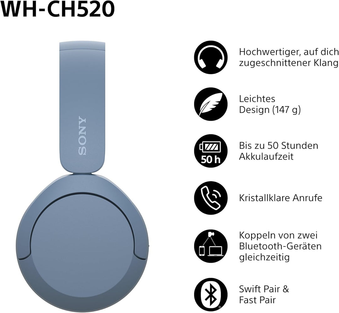 Sony WH-CH520 Kabellose Bluetooth-Kopfhörer - bis zu 50 Stunden Akkulaufzeit mit Schnellladefunktion