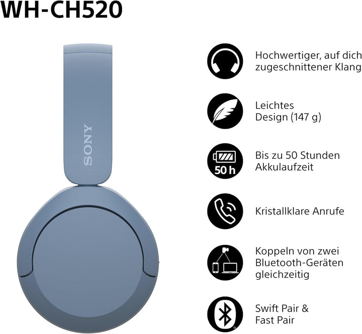 Sony WH-CH520 Kabellose Bluetooth-Kopfhörer - bis zu 50 Stunden Akkulaufzeit mit Schnellladefunktion