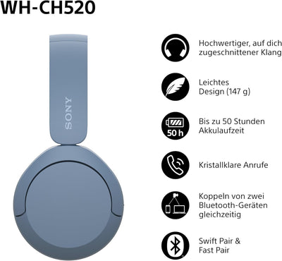 Sony WH-CH520 Kabellose Bluetooth-Kopfhörer - bis zu 50 Stunden Akkulaufzeit mit Schnellladefunktion
