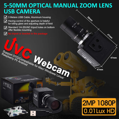 ELP FHD 1080P Zoom Webcam mit 5-50mm Variable Fokus Objektiv,2MP IMX323 Web Kamera Plug&Play,0.01Lux