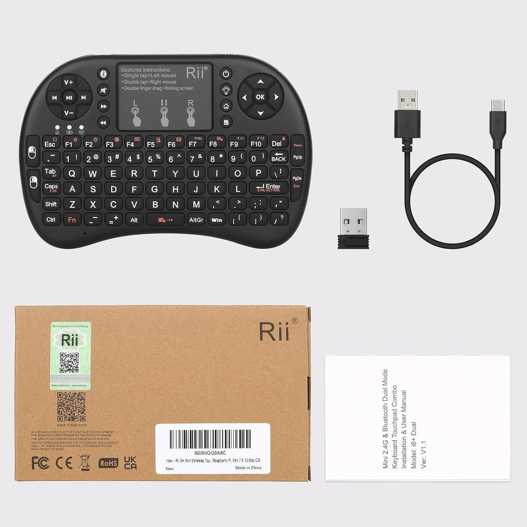 Rii Mini i8+ Wireless (QWERTY US Layout) - Mini Beleuchtete Tastatur mit Multi-Touch Maus-Pad für Sm