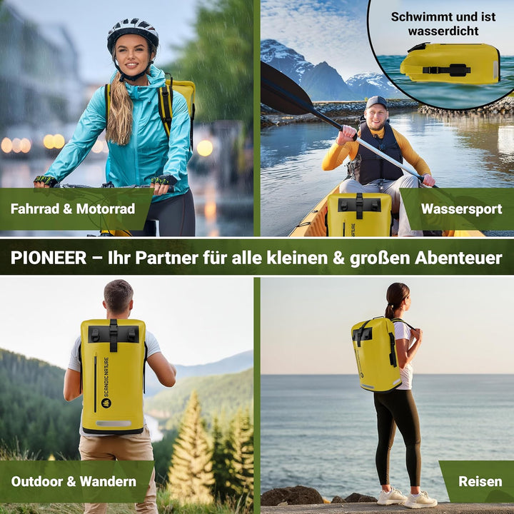 PIONEER wasserdichter Rucksack mit Rolltop Verschluss 35L 55L schwarz gelb oliv-grün - extra robust