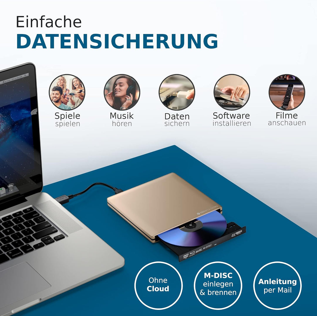 techPulse120 Externes UltraHD UHD 4k 3D M-DISC BDXL HDR10 100GB USB 3.0 &amp; USB-C Laufwerk Bluray Bren