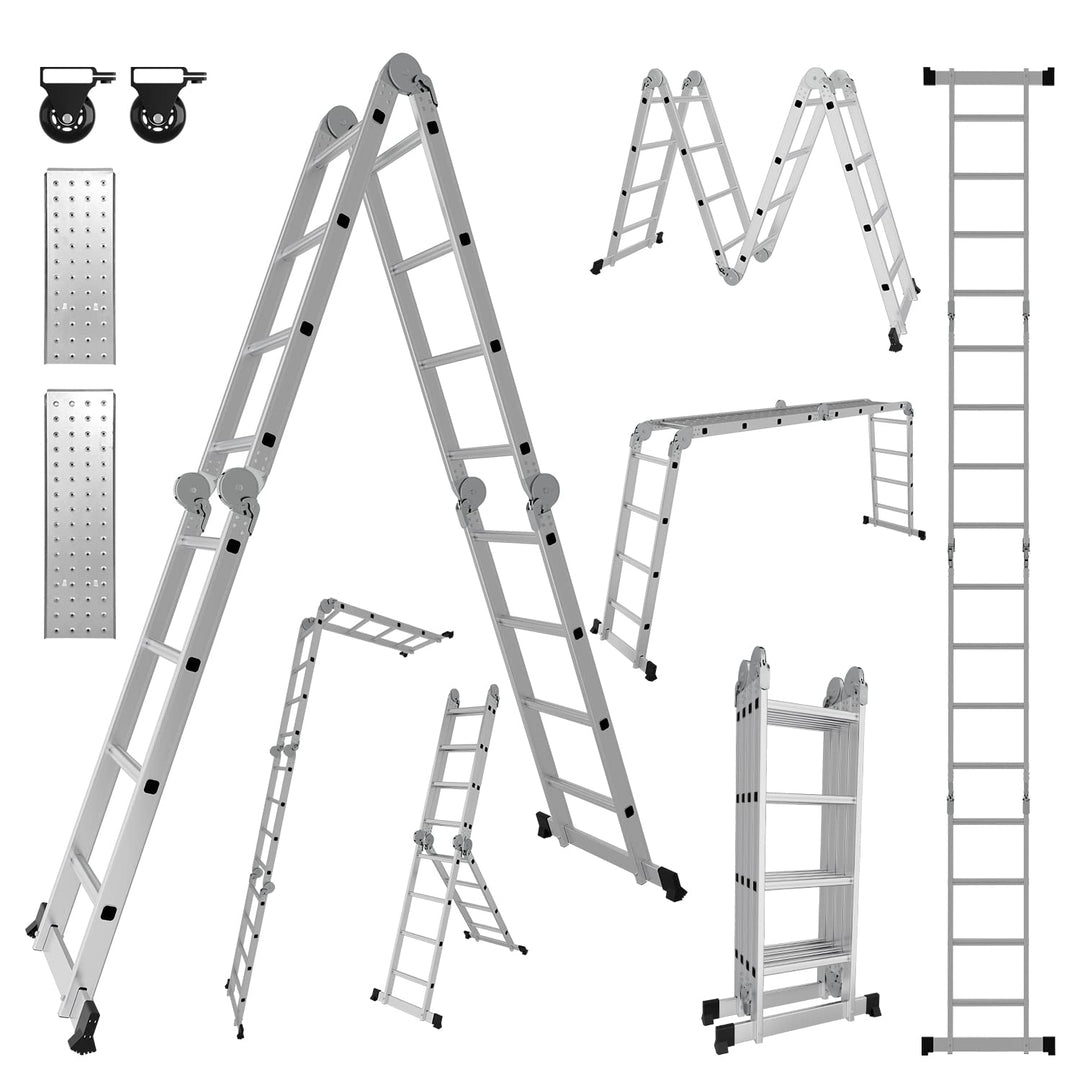 Ikodm 4x4 Stufen Mehrzweckleiter 4,7 m 7 in 1 Aluminium Multifunktionsleiter bis 150 kg mit 2 Transp