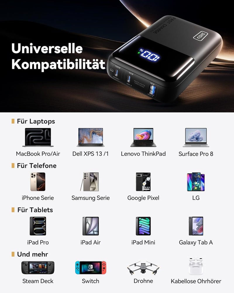 INIU Power Bank, 100W 25000mAh Powerbank Klein Aber Stark Phone & Laptop Externe Handyakkus USB C In