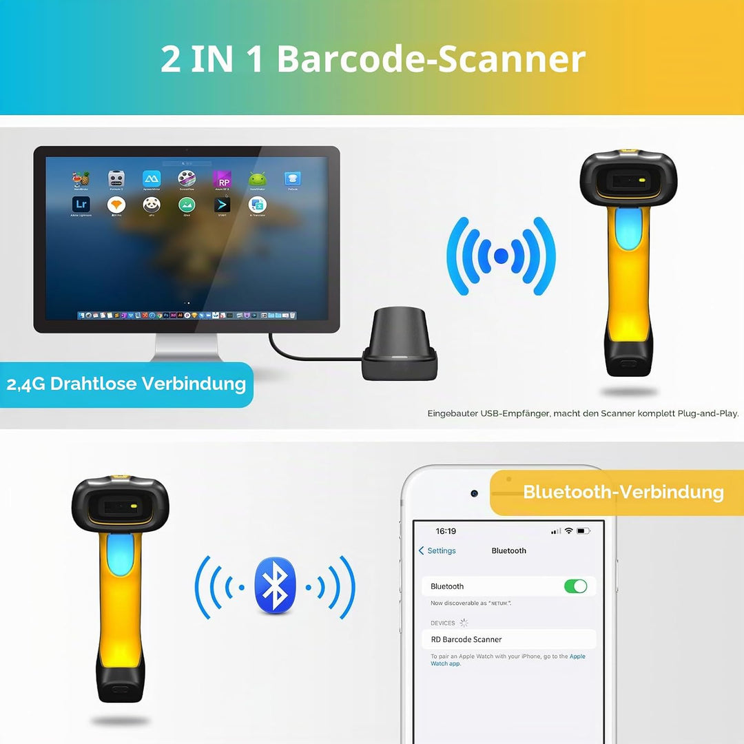 NETUM Industrie QR Barcode Scanner Bluetooth mit Dockingstation, 1D/2D Kabelloser Scanner, 2600mAh A