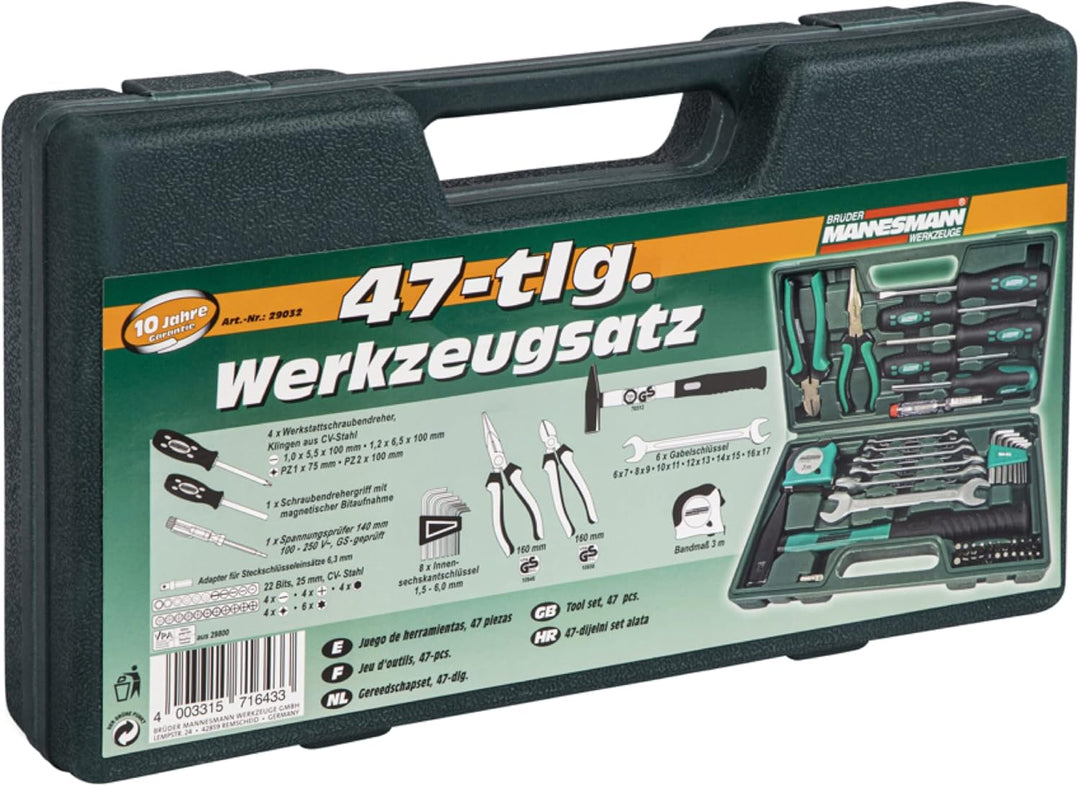 Brüder Mannesmann Werkzeuge M29032 Werkzeugkoffer, 47-teilig, Grün (Matt), (L x B x H) 335 x 335 x 1
