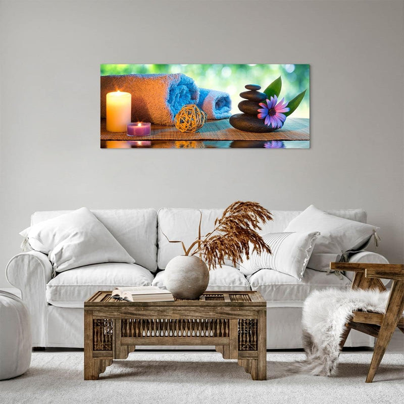 Panorama Bilder auf Leinwand 100x40cm Leinwandbild Natur Entspannung Spa Kerzen Gross Wanddeko Bild