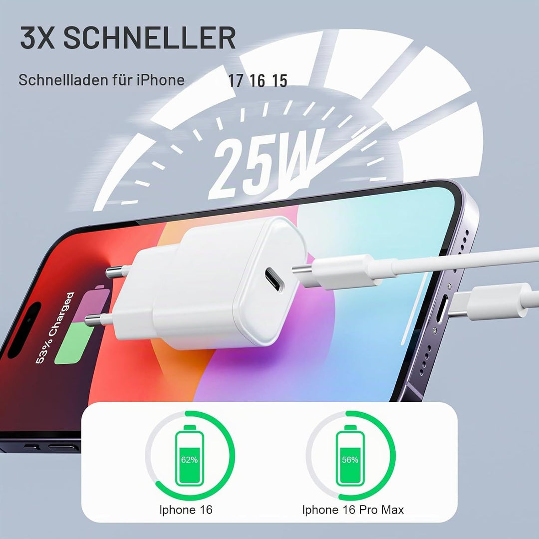 25W USB C Ladegerät Ladekabel für iPhone 17 16 15 Pro Max Plus, PD3.0 USB C Power Adapter Schnelllad